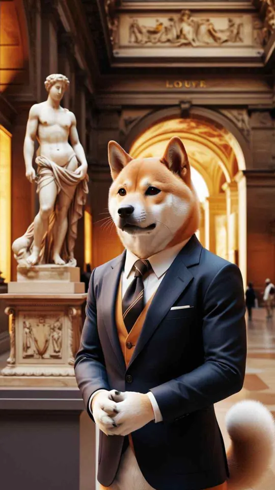 Rich Dog in a navy suit in a palace gallery